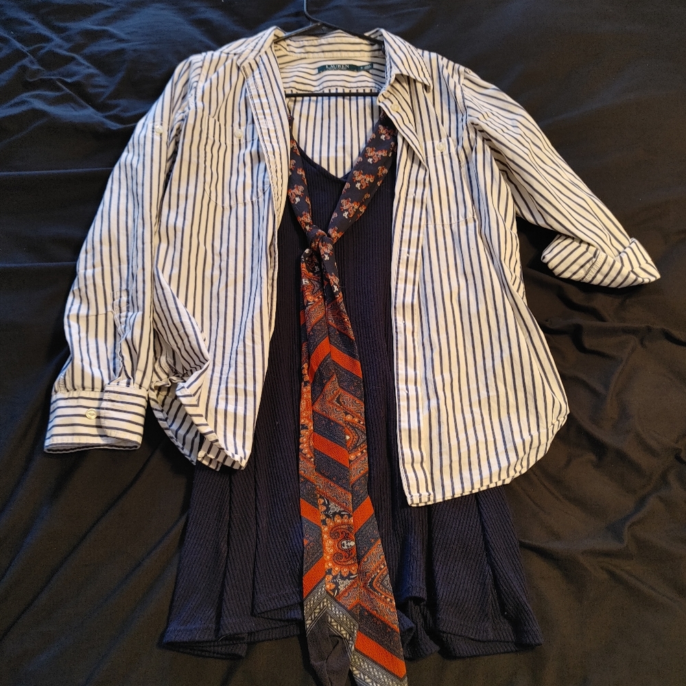 Medium dress shirt, dress and scarf.